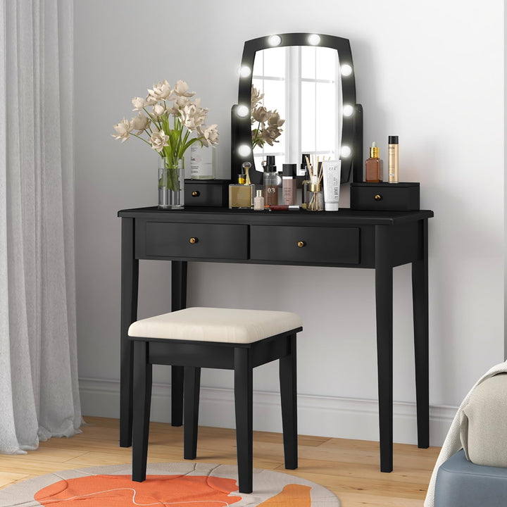 CHARMAID Vanity Desk with Mirror and Lights, Makeup Vanity Table with Swivel Mirror, Girls Bedroom Makeup Dressing Table with Stool