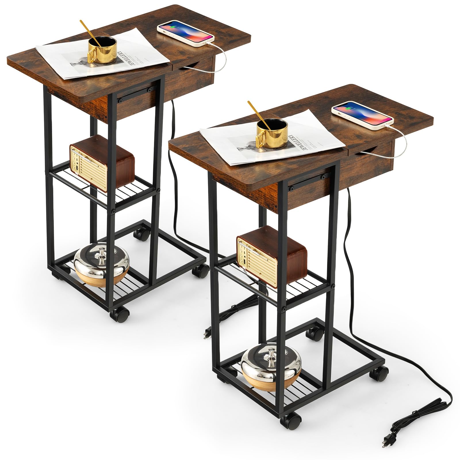 Giantex C-Shaped End Table with Charging Station Set
