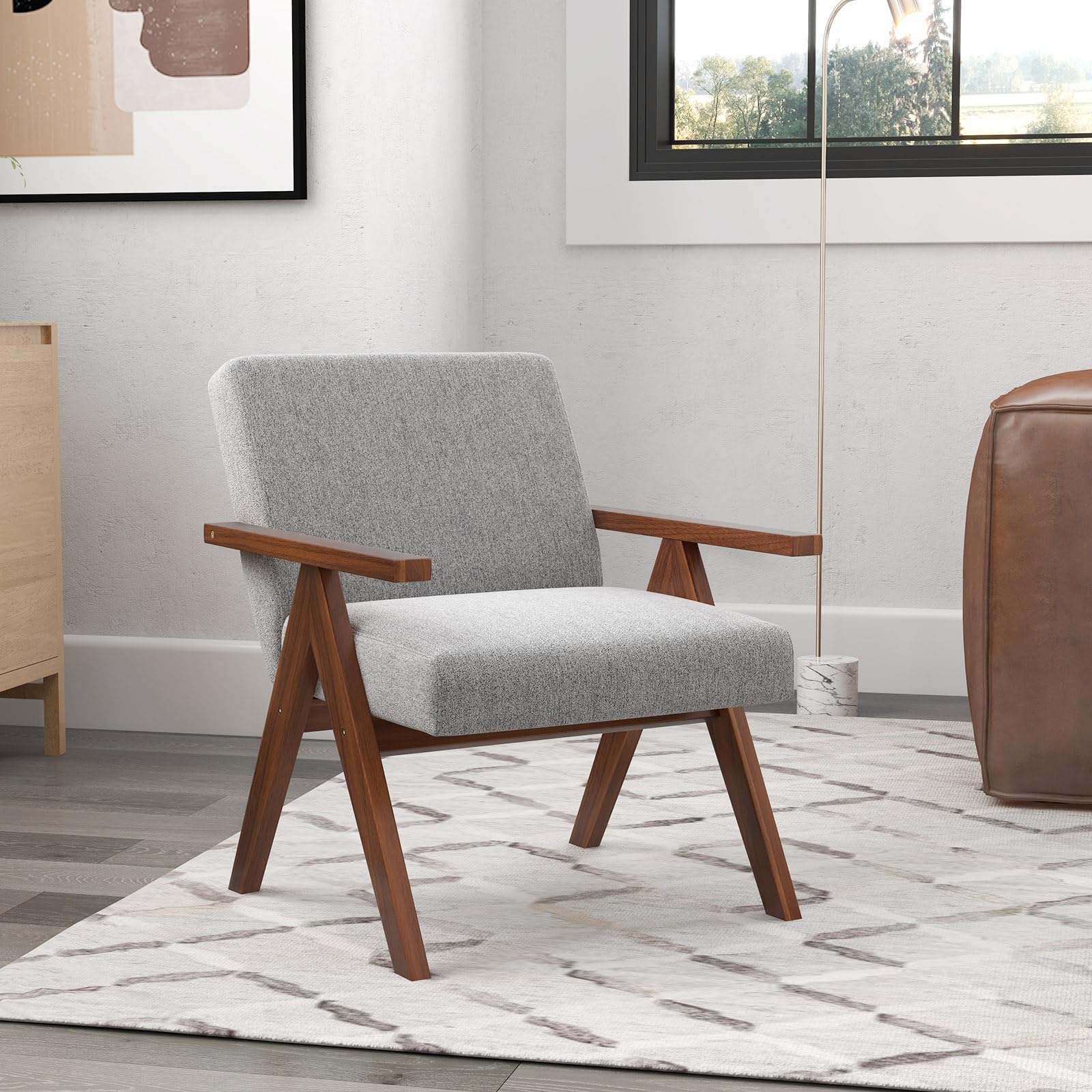 Giantex Modern Accent Chair, Linen Fabric Armchair with Solid Acacia Wood Frame, Soft Padded Cushion