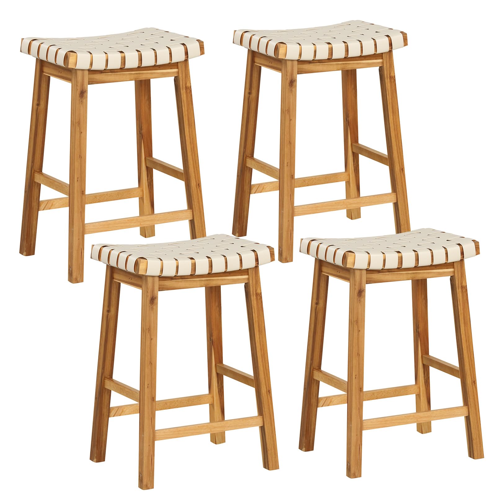 Giantex 25.5/31" Woven Bar Stools Set of 2/4, Faux PU Leather Counter Height Saddle Stools with Woven Curved Seat