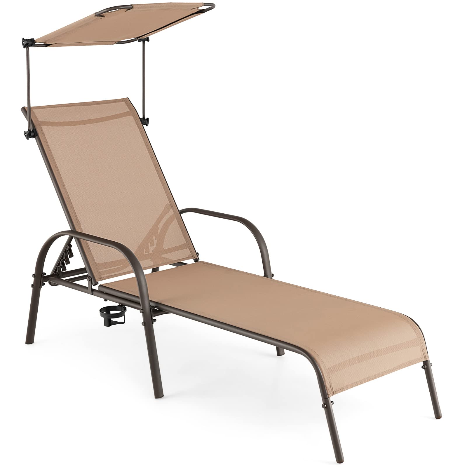 Giantex Patio Chaise Lounge Chair - Outdoor Beach Chair with Adjustable Canopy, Metal Frame Sunbathing Lounger for Outside
