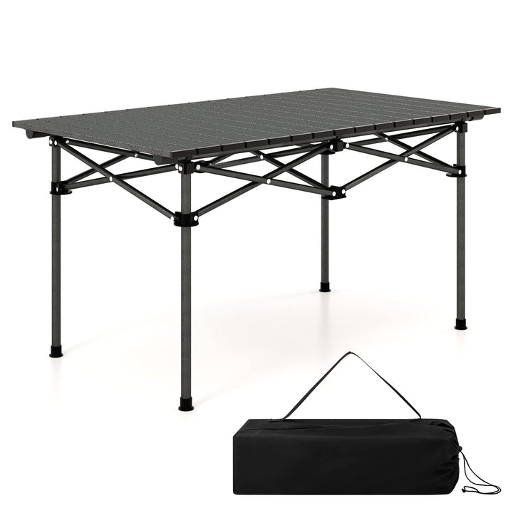Giantex Folding Camping Table for 4-6 People, Roll-Up Lightweight Picnic Table with Large Aluminum Tabletop & Carrying Bag (Black)