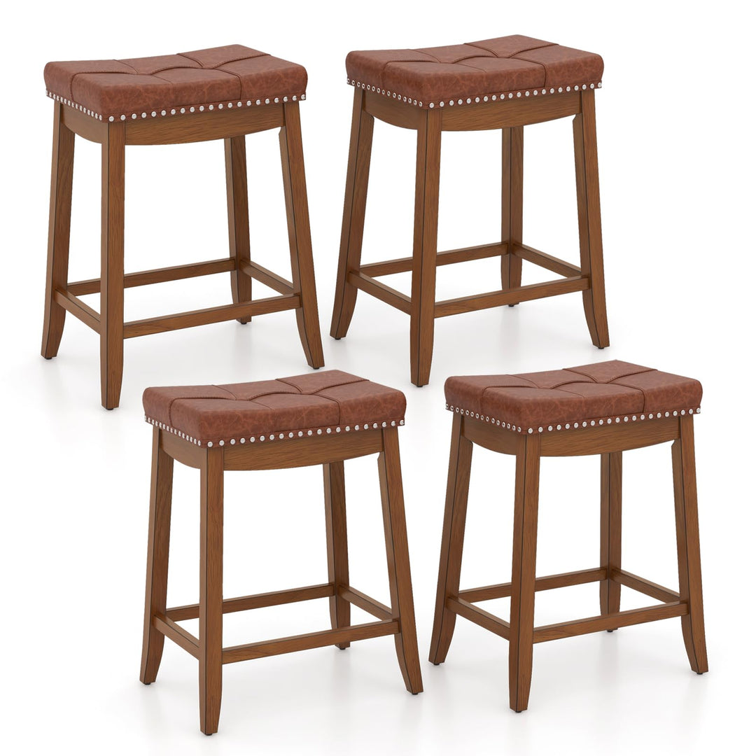 Giantex Bar Stools Set, 25" Counter Height Bar Stools w/Saddle Seat, Footrest, Rivet, Button Tufted, Rubber Wood Frame