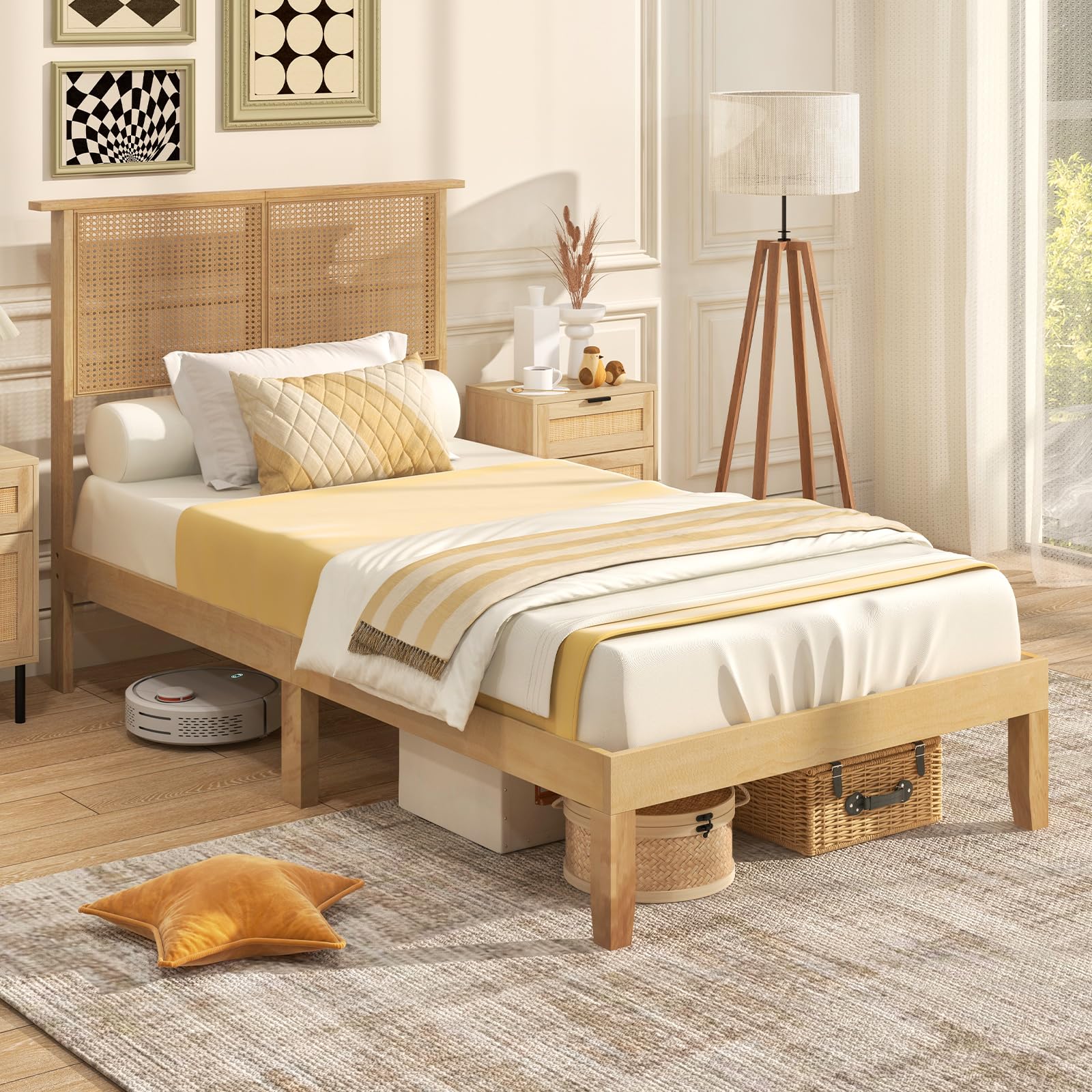 Giantex Bed Frames with Rattan Headboard, Boho Solid Wood Platform Bed with Wooden Slats