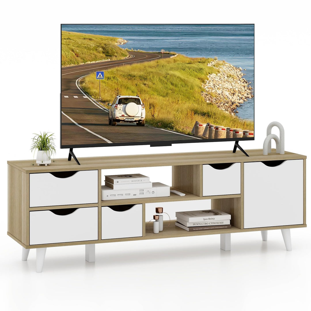 Giantex TV Stand for 55 Inches TVs, Mid Century Modern Entertainment Center with 4 Drawers, 1 Cabinet, Adjustable Shelf, 2 Compartments