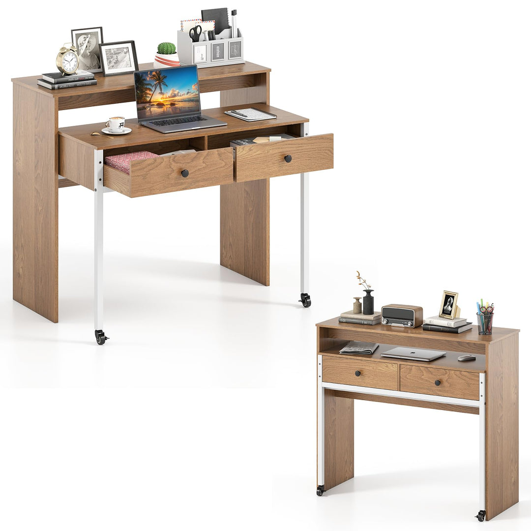 Giantex Small Computer Desk with Hutch & Drawers