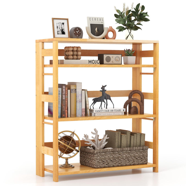 Giantex 4-Tier Bookshelf, 34.5" Floor Storage Shelf w/Rubber Wood Frame, Anti-Toppling Kits, Side Fences