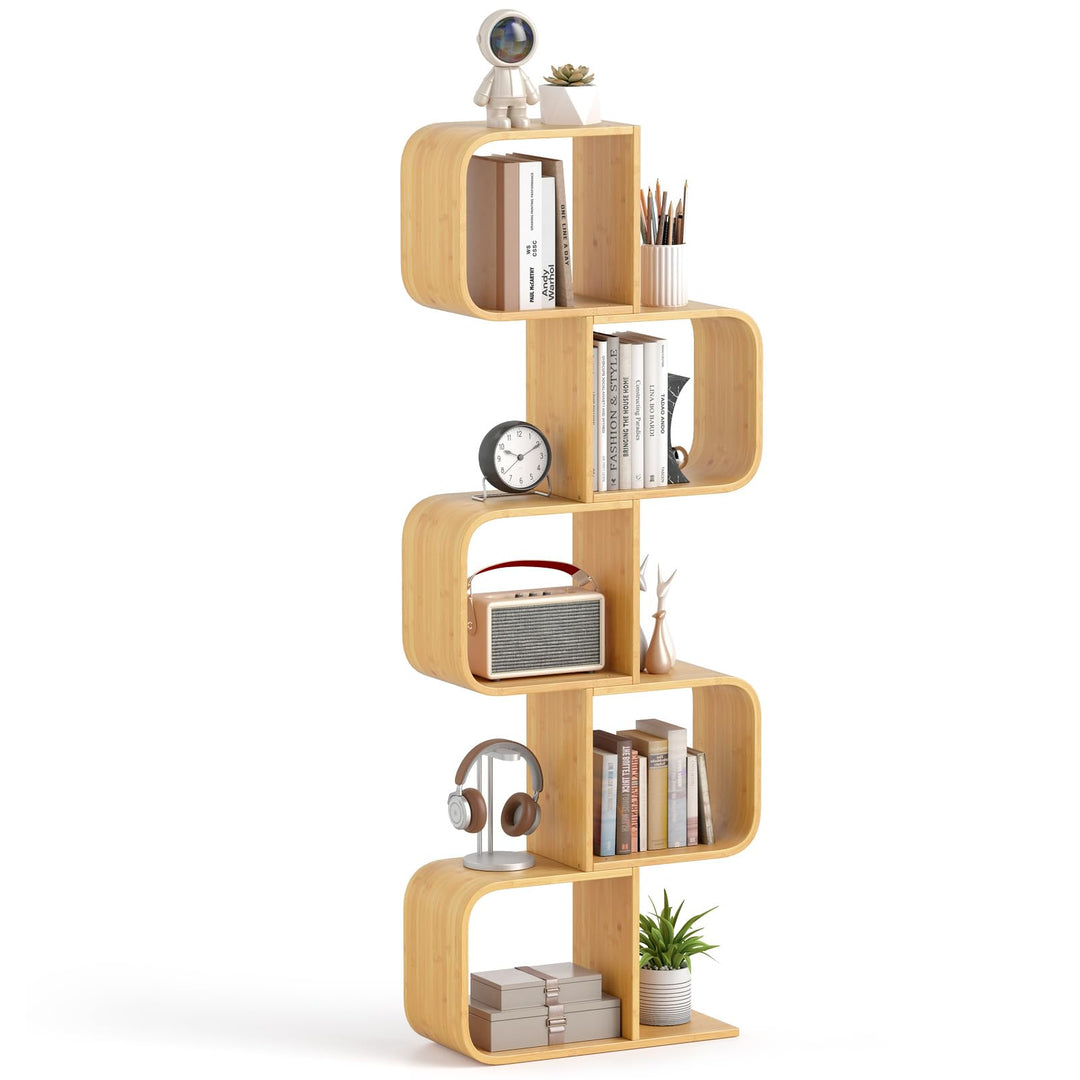 Giantex 5-Tier S-Shaped Bookcase Bamboo Bookshelf with Open Cubes
