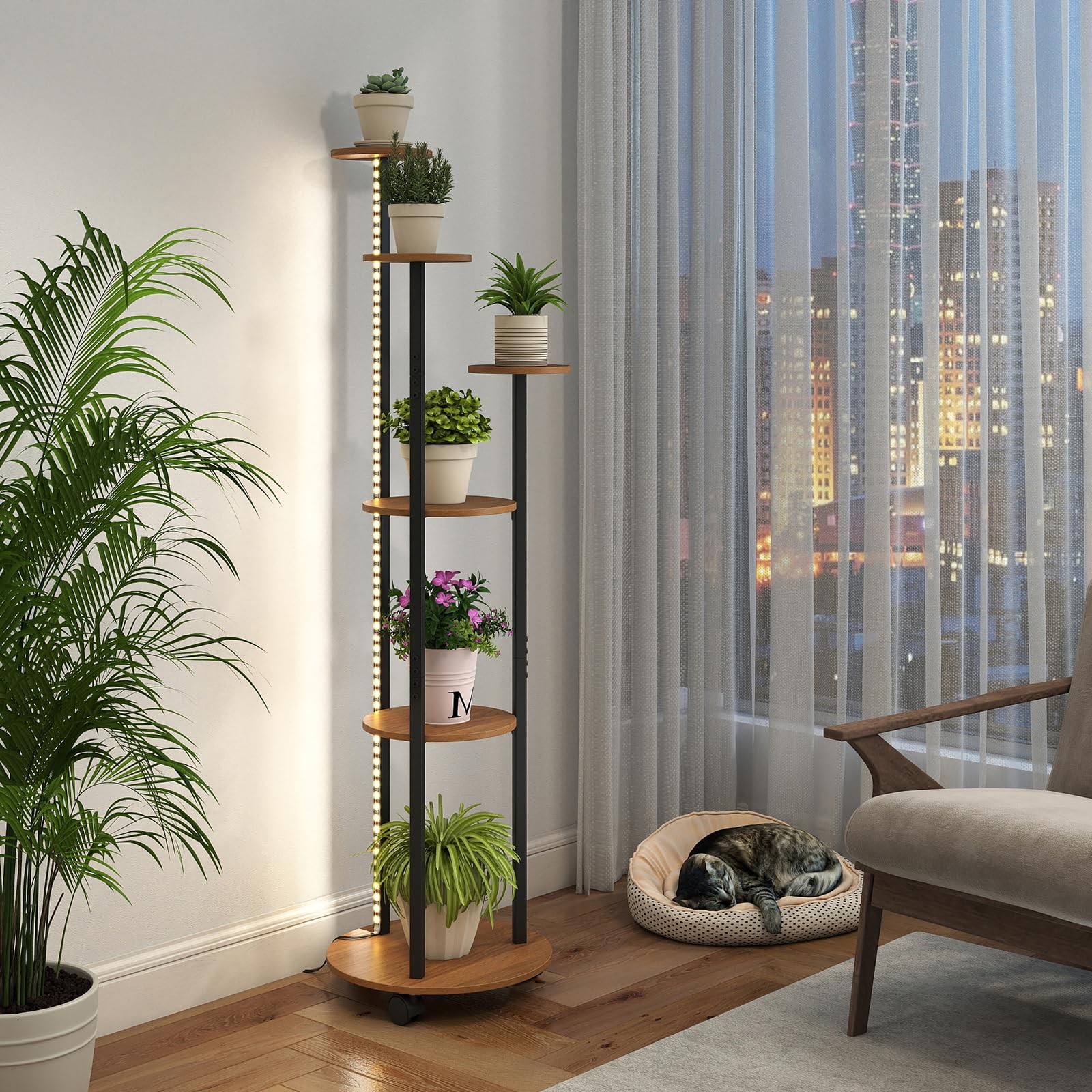tall plant stands indoor Giantex 57'' Tall Plant Stand Indoor with Lights & Wheels Natural