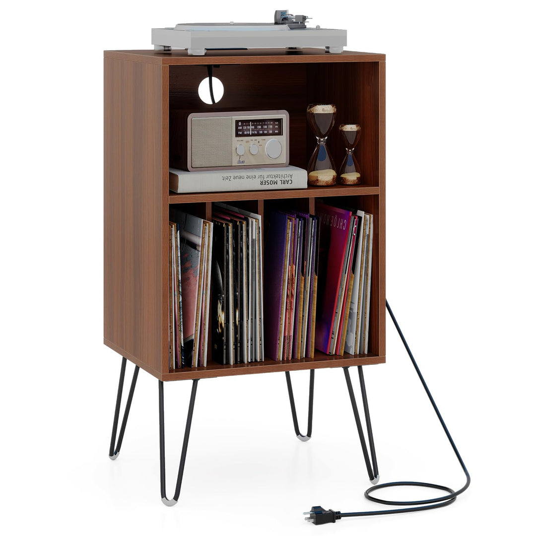 Giantex Record Player Stand with Charging Station Turntable Cabinet with Record Storage & Metal Legs