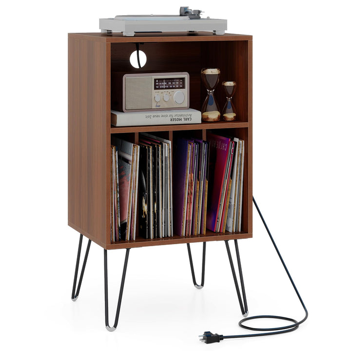 Giantex Record Player Stand with Charging Station Turntable Cabinet with Record Storage & Metal Legs