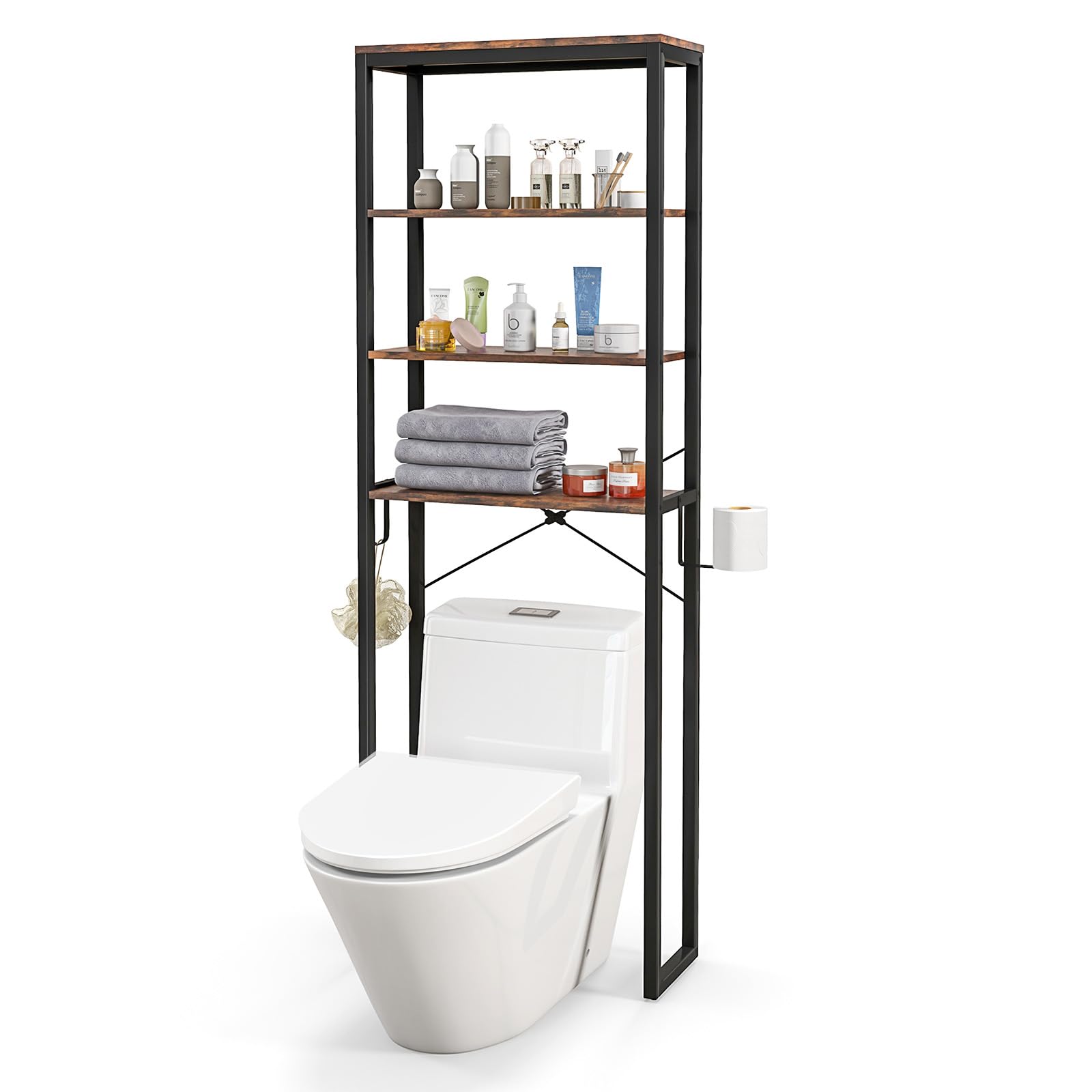 Giantex Over The Toilet Storage Rack, 4-Tier Wooden Bathroom Space Saver w/Metal Frame & 2 Hooks