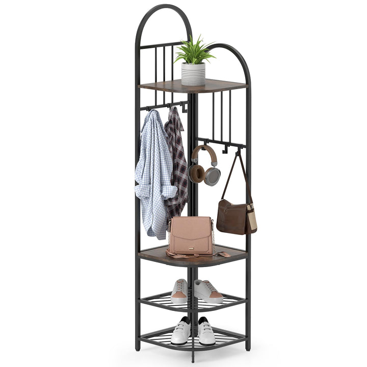 Giantex Corner Hall Tree, 71" Corner Coat Rack w/Shoe Storage Bench, 6 Removable Hooks, 4-Tier Entryway Shoes Shelf Organizer