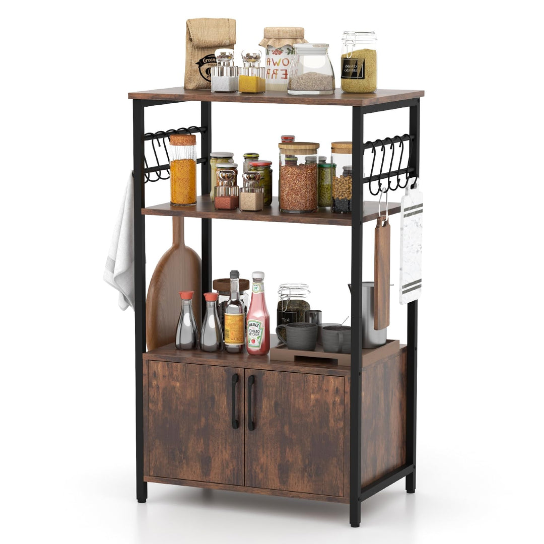 Giantex Kitchen Bakers Rack with Storage, 3-Tier Industrial Microwave Stand with Open Shelves and 10 Removable S-Shaped Hooks