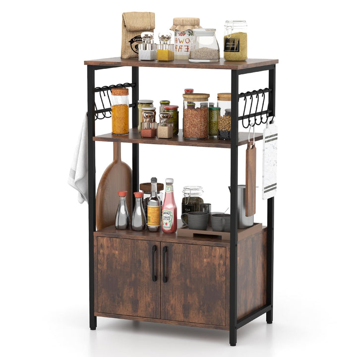 Giantex Kitchen Bakers Rack with Storage, 3-Tier Industrial Microwave Stand with Open Shelves and 10 Removable S-Shaped Hooks