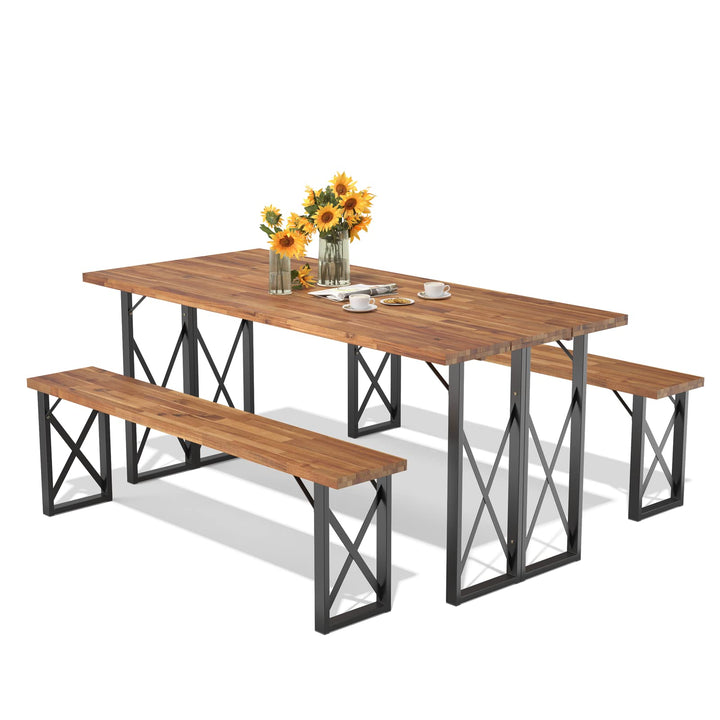 Giantex Outdoor Picnic Table Set with 2 Benches, Acacia Wood Patio Dining Table Set for 6 or 4 Persons, with 2” Umbrella Hole