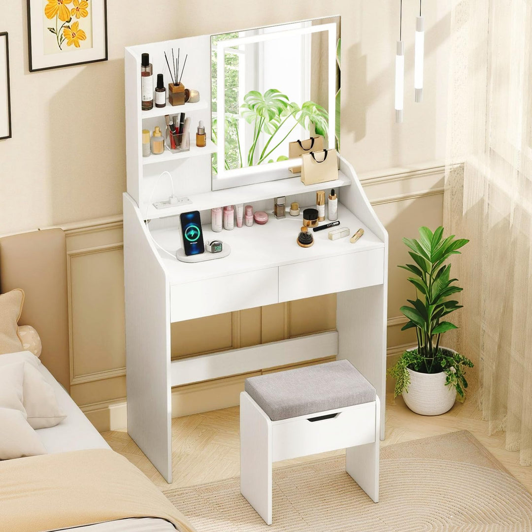 CHARMAID White Vanity Desk with LED Lighted Mirror