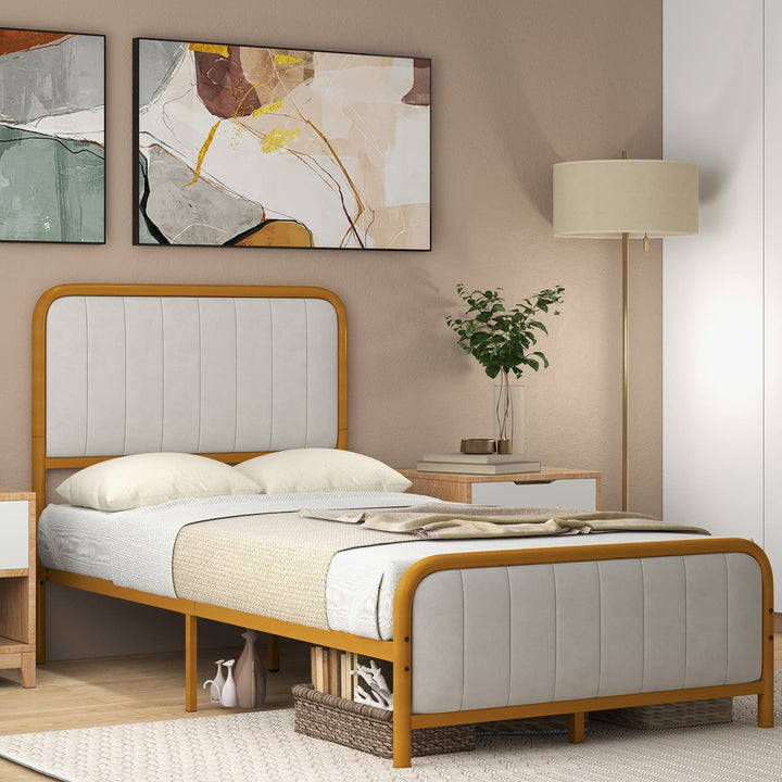 Giantex Twin Size Gold Bed Frame with Velvet Headboard and Footboard, Heavy-duty Metal Slats Support Mattress Foundation