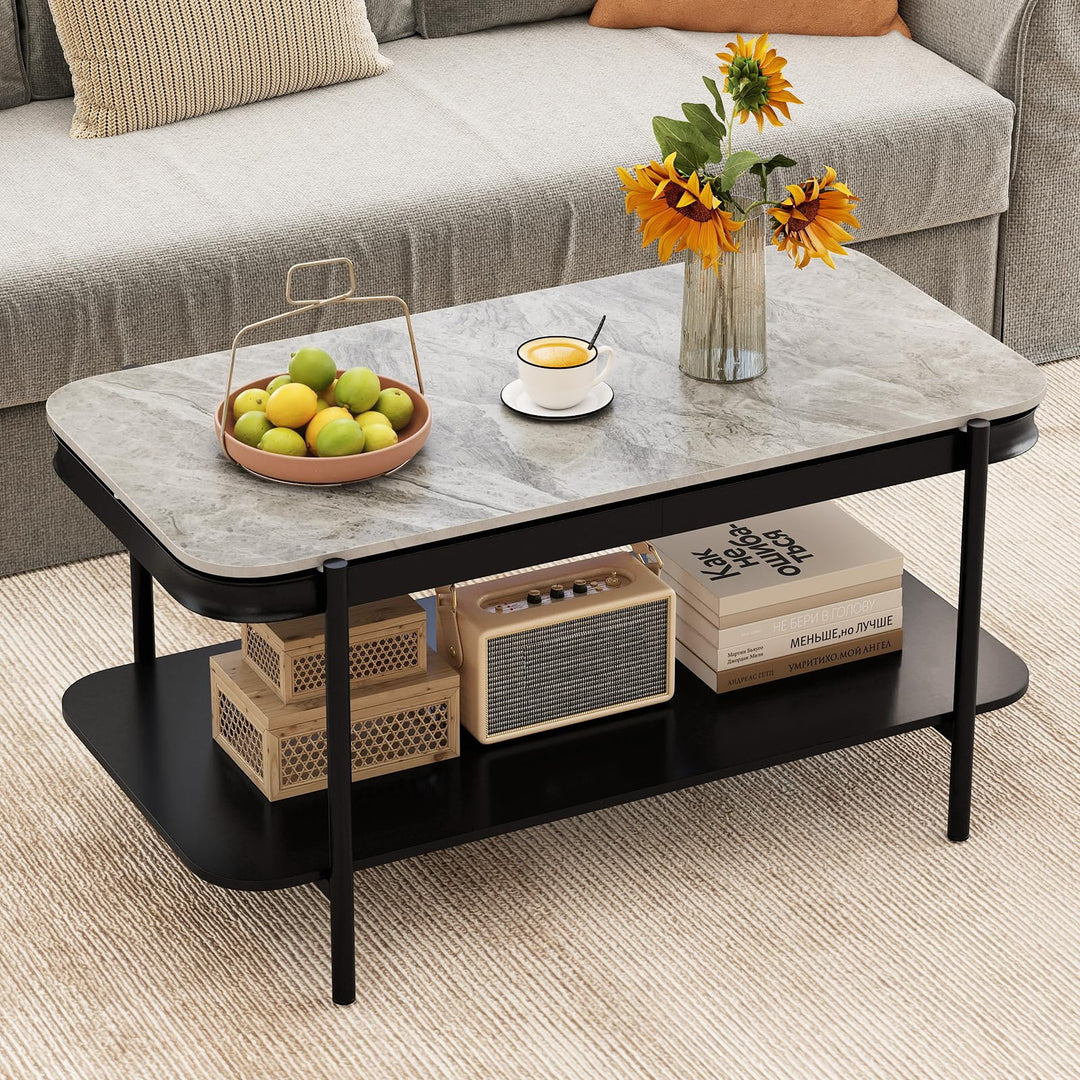 Giantex 2-Tier Coffee Table with Storage Faux Mable Center Table w/Sintered Stone Top