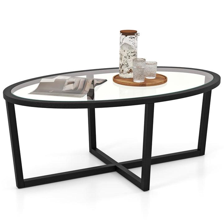 Giantex Glass Coffee Table, 46.5" Oval Accent Sofa Tea Table with Tempered Glass Top, Cross Base & Acacia Wood Legs
