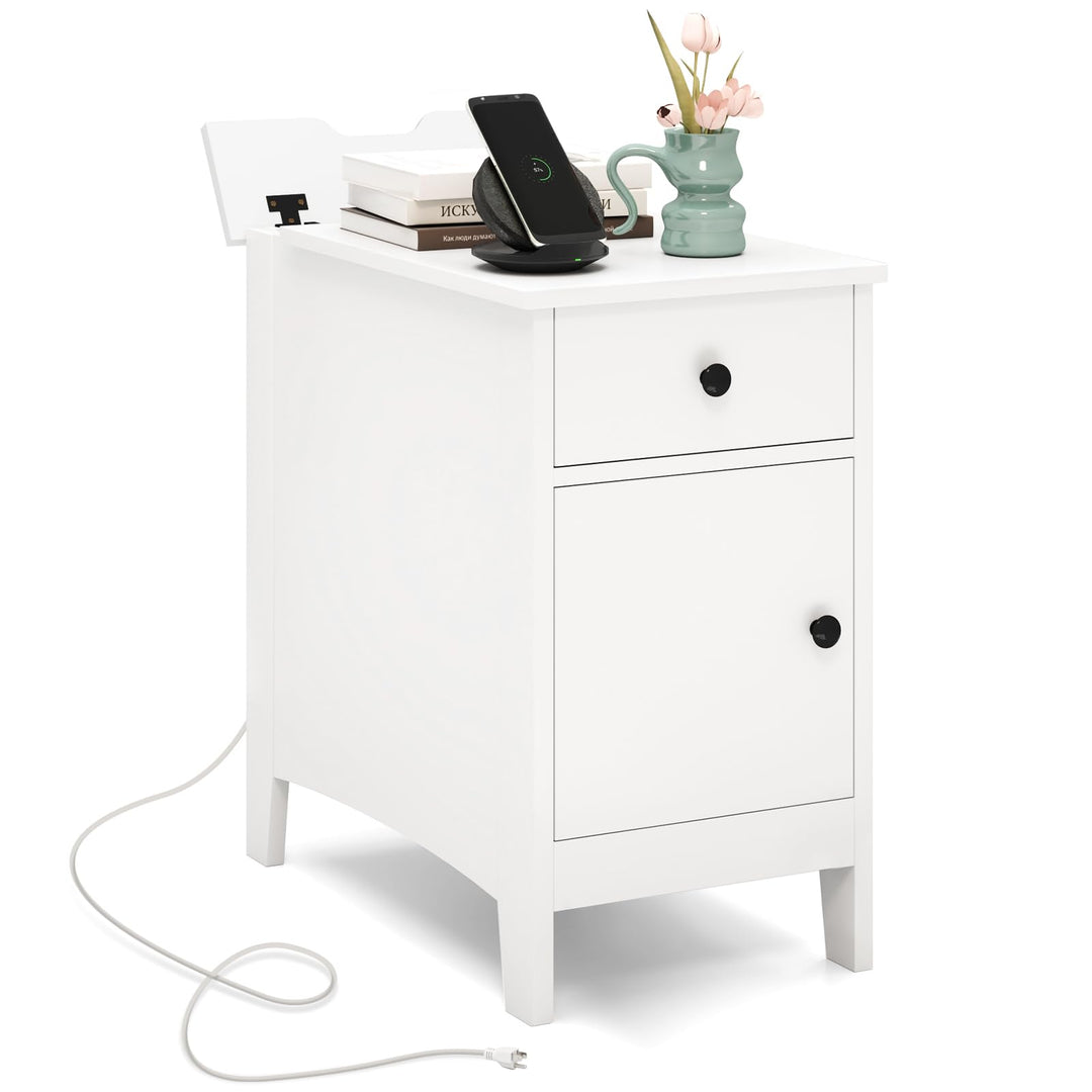 Giantex Nightstand with Charging Station, Flip Top End Table w/USB Ports & Outlets, Modern Side Table w/Storage Drawer