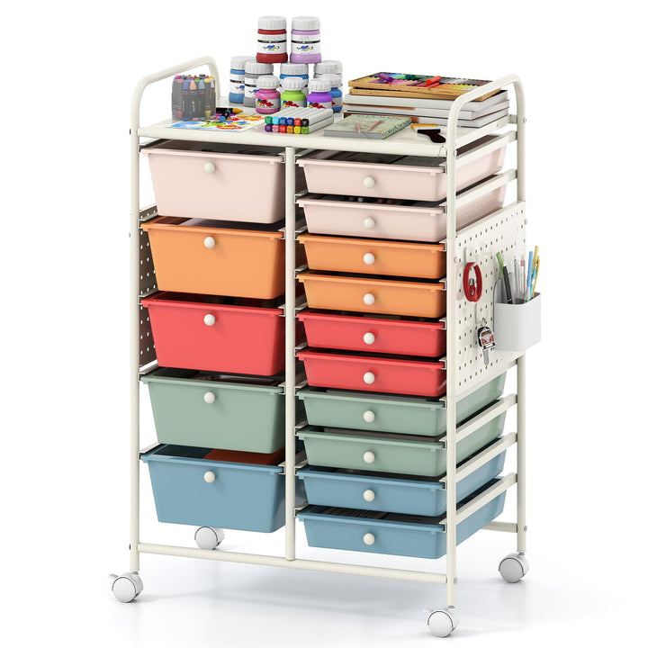 Giantex 15 Drawer Storage Cart | Rolling Craft Cart with Metal Tabletop &amp; Pegboard