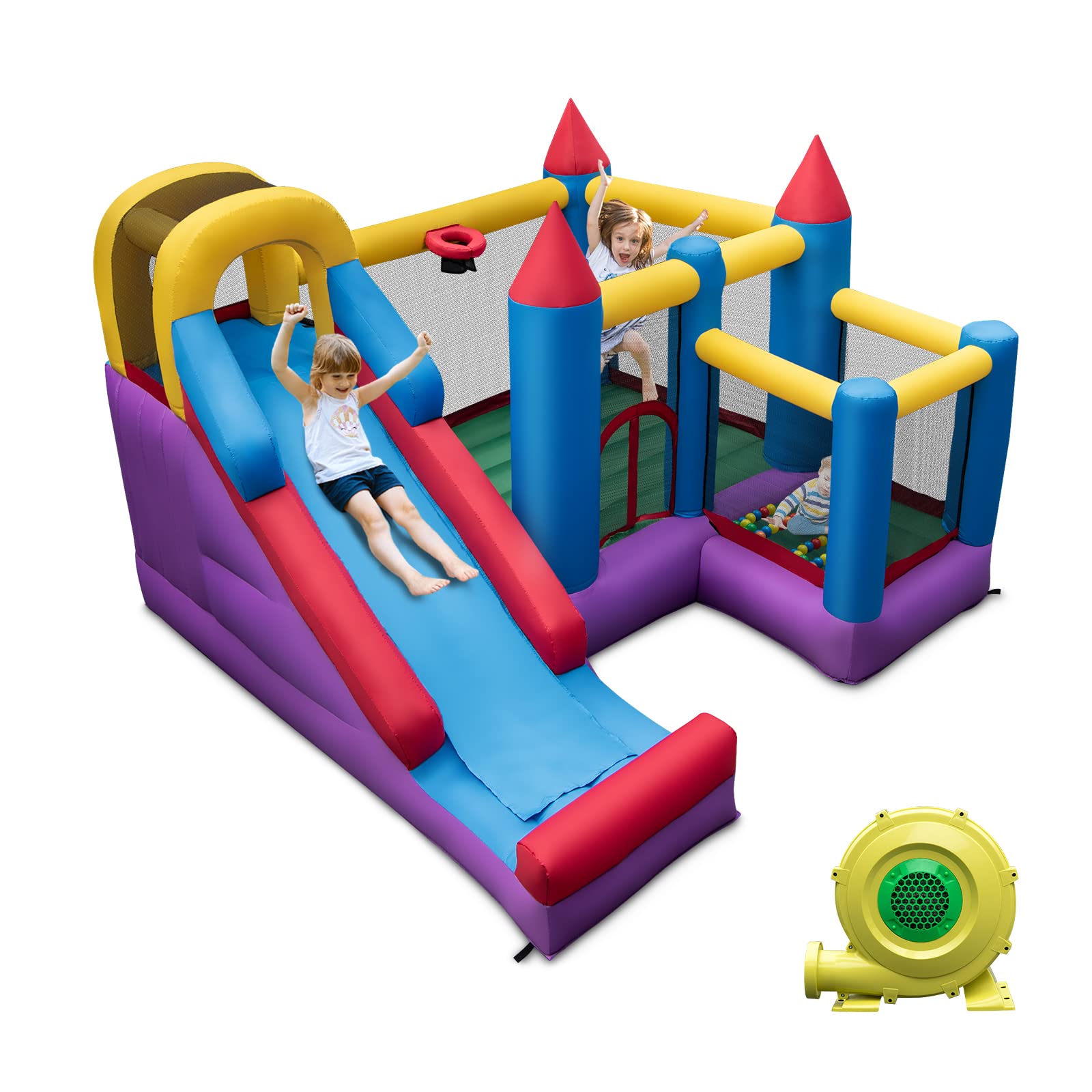 5-in-1 Inflatable Bounce Castle, Giant Blowup Jumping House with Slide for Kids w/735W Air Blower