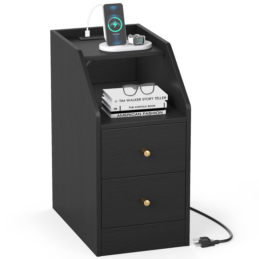 Giantex Side End Table with Charging Station Sofa Couch Table with Shelf Drawers