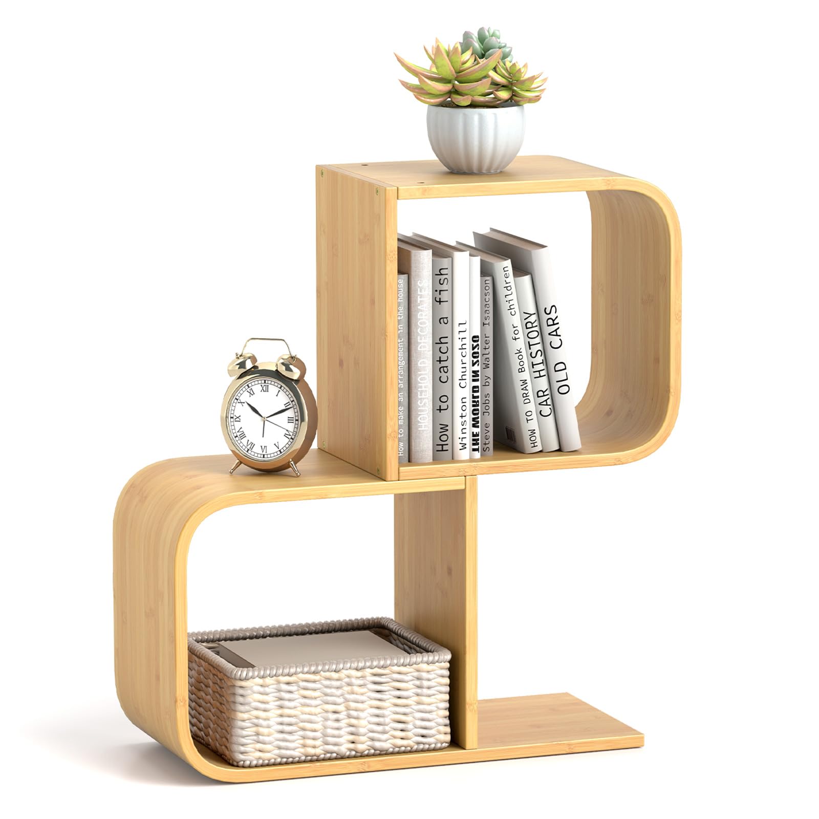 Giantex S-Shaped Bookcase, 2-Tier Bamboo Bookshelf with 2 Open Cubes, Geometric Corner Display Shelf