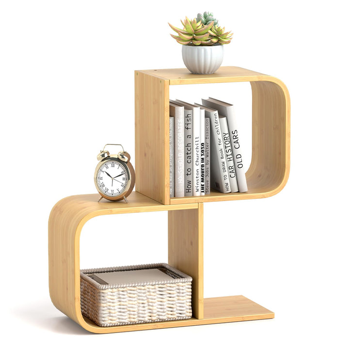 Giantex S-Shaped Bookcase, 2-Tier Bamboo Bookshelf with 2 Open Cubes, Geometric Corner Display Shelf