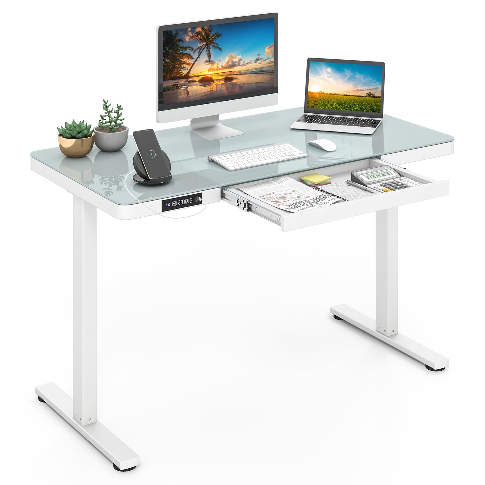 Giantex Glass Standing Desk with Drawer, 48" x 24" Height Adjustable Electric Stand Up Desk