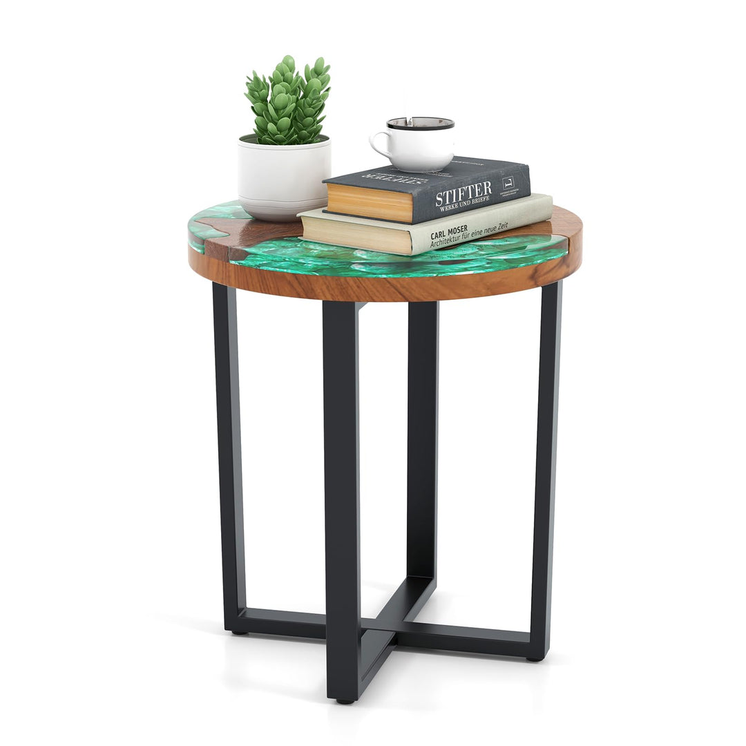 Giantex 20” Teak Wood Outdoor Side Table - Round End Table with Epoxy Resin Tabletop