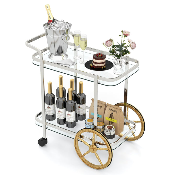 Giantex 2-Tier Bar Cart, Stylish Rolling Serving Cart w/Tempered Glass Shelves