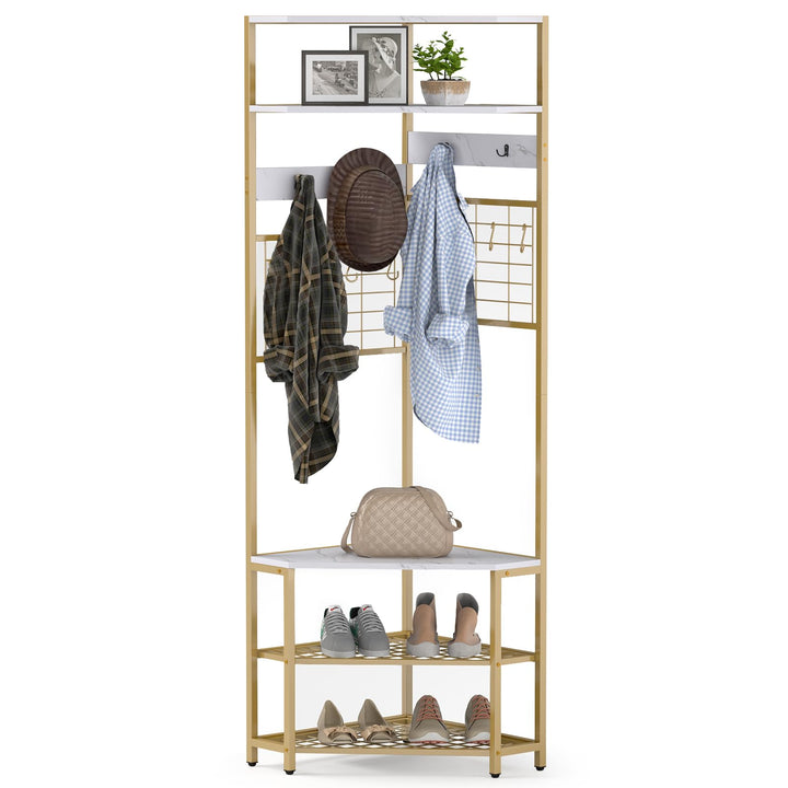 Giantex Corner Hall Tree, 73" Tall Coat Rack w/Shoe Storage Bench, 12 Metal Hooks, 5-Tier Entryway Shoes Shelf Organizer