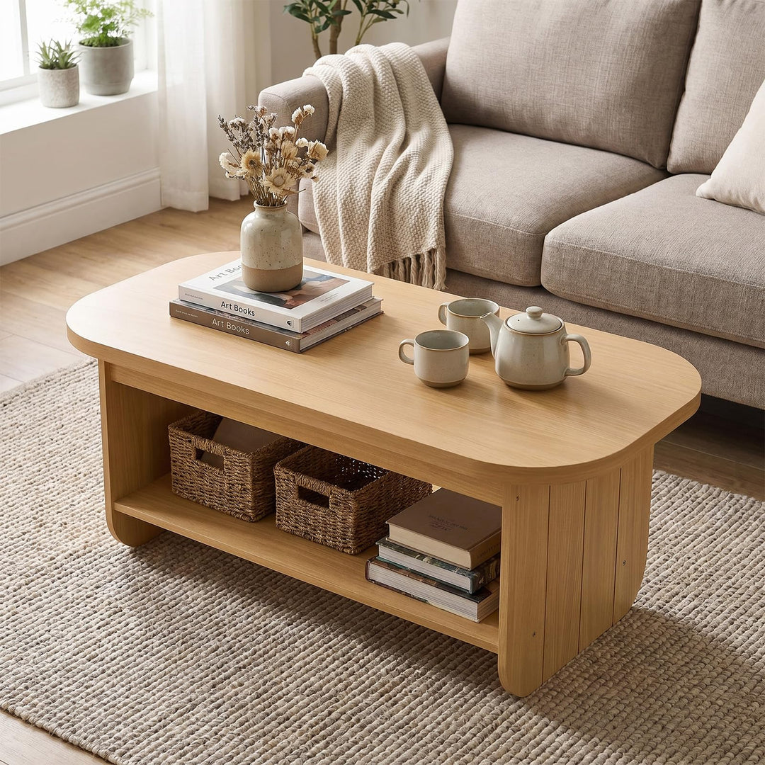 Giantex 47" Mid Century Oval Coffee Table with Storage Shelf &amp; Round Corner