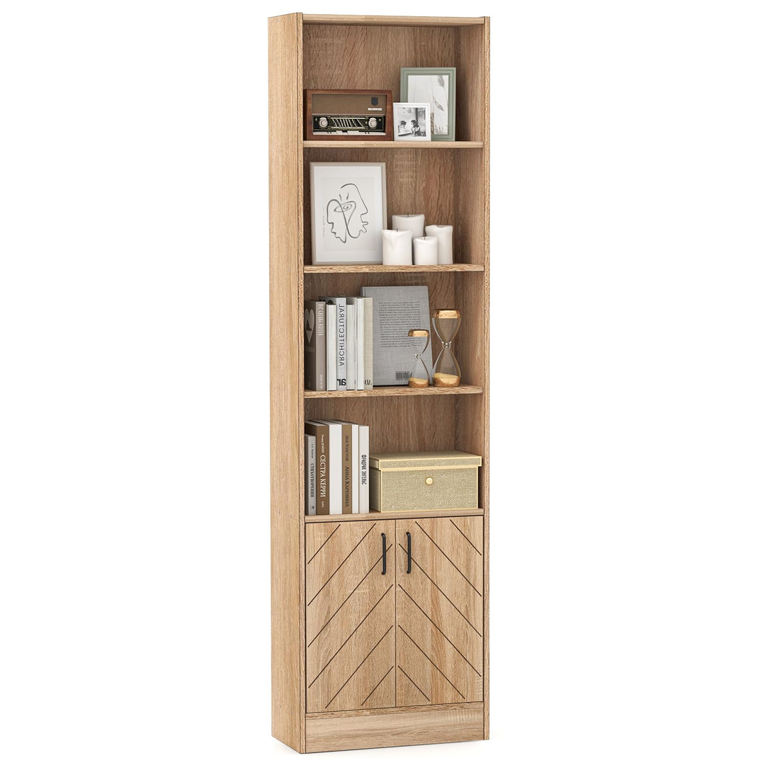 Giantex 6-Tier Bookshelf with Double Doors, 71" Tall Bookcase w/ 4 Open Cubes & 3 Adjustable Shelves