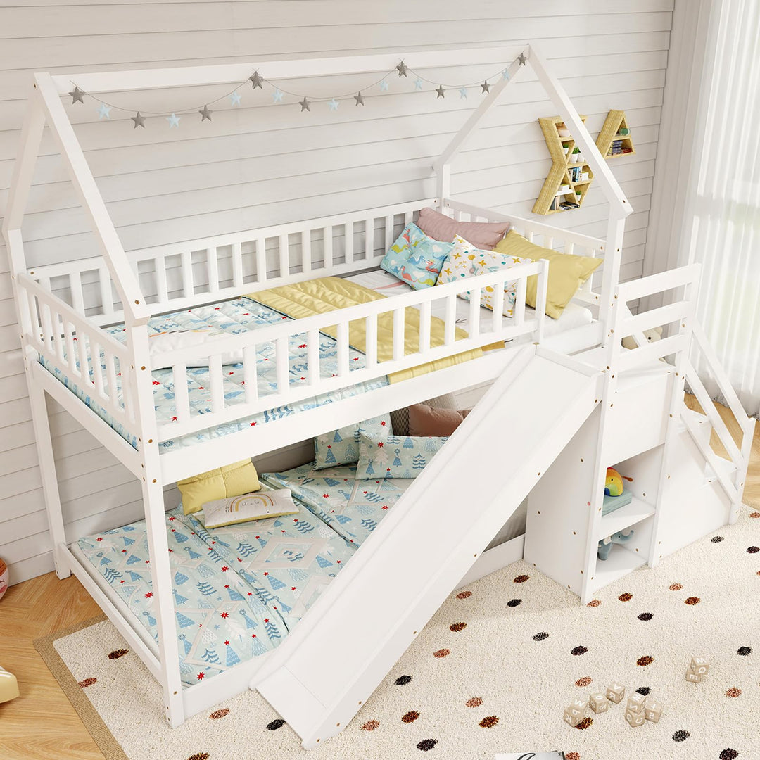 Giantex House Bunk Bed Twin Over Twin with Slide and Stairs