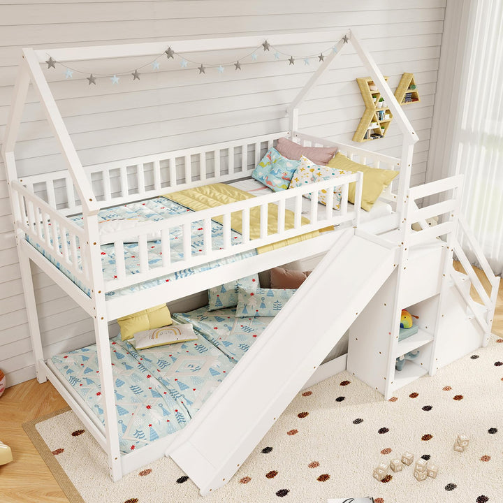Giantex House Bunk Bed Twin Over Twin with Slide and Stairs