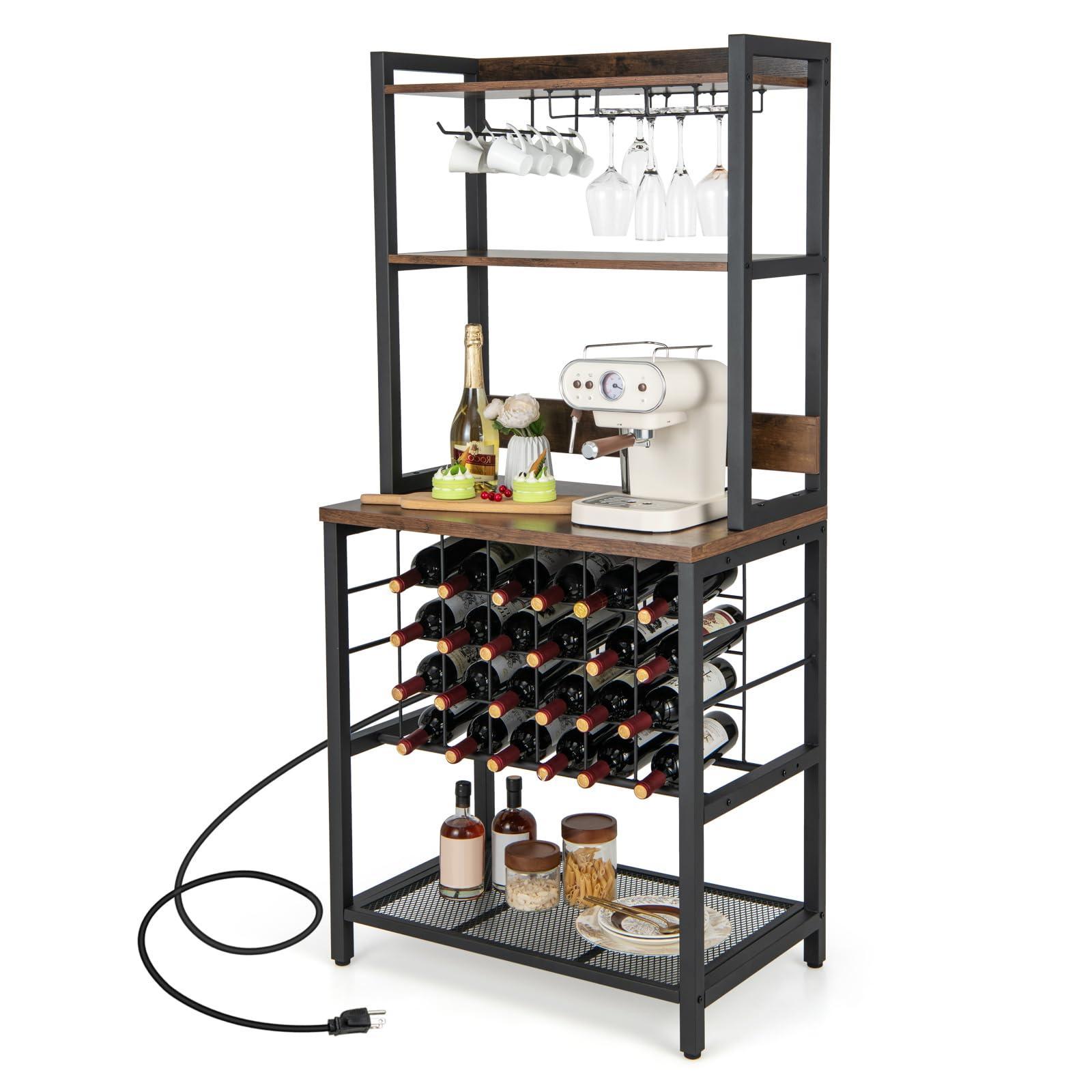 Giantex Bakers Rack with Storage Hutch, Power Outlet & USB Port, Coffee Bar 24-Bottle Wine Rack & Glass Holder