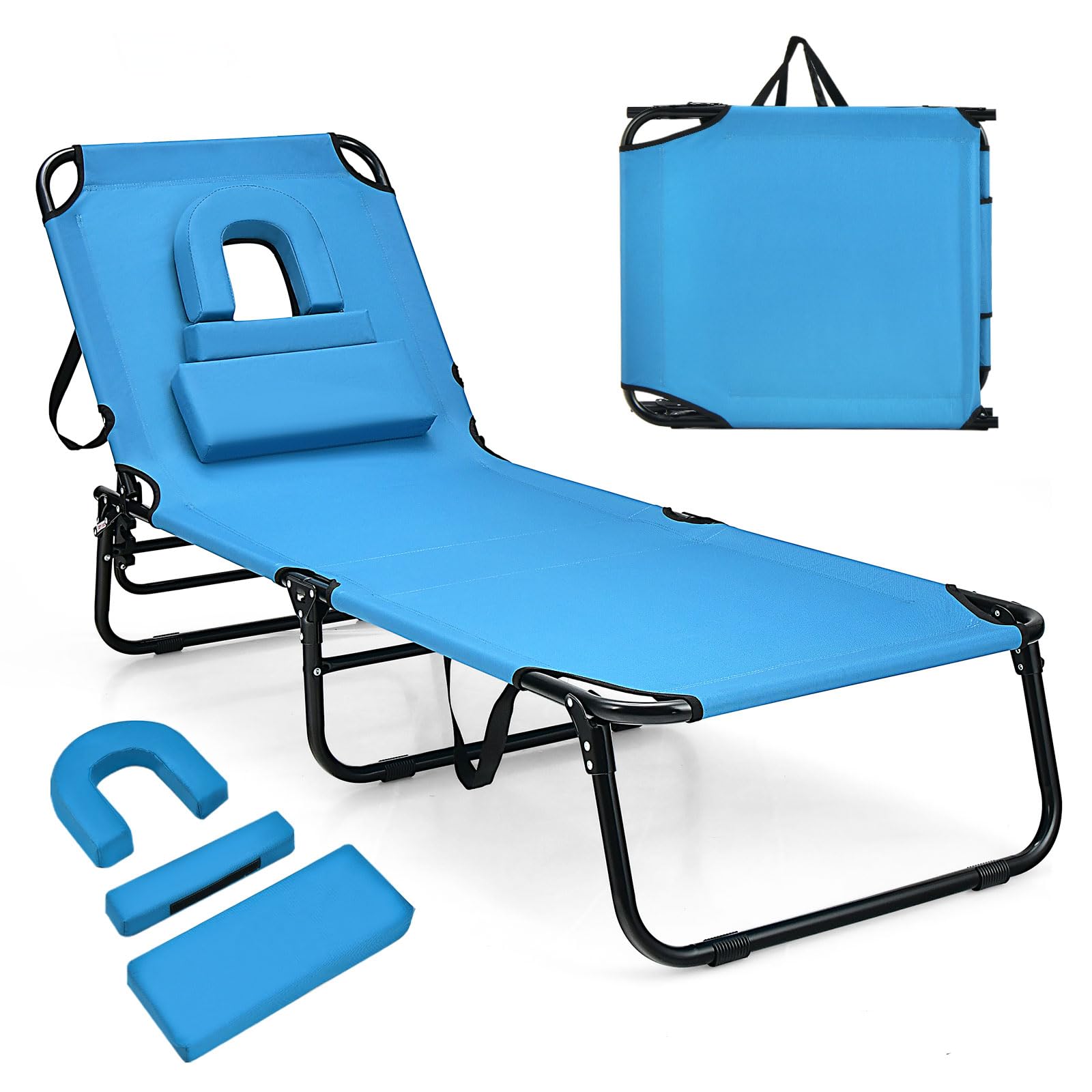 Giantex Folding Beach Tanning Chair - Adjustable Patio Lounge Chair w/Face Hole, Removable Pillows, Carry Strap