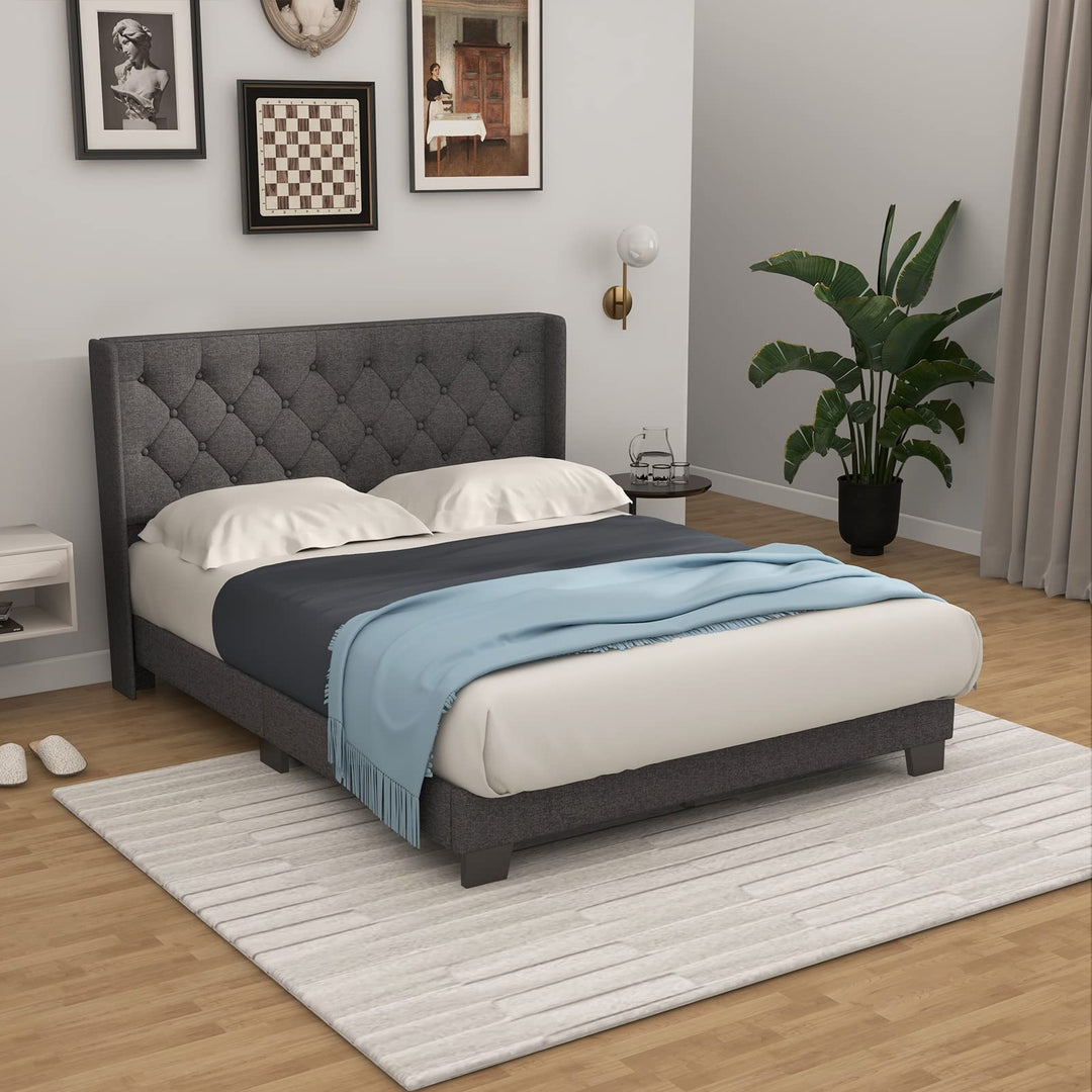 Giantex Bed Frame with Button Tufted Headboard, Modern Fabric Upholstered Platform Bed with Wingback Design, Grey