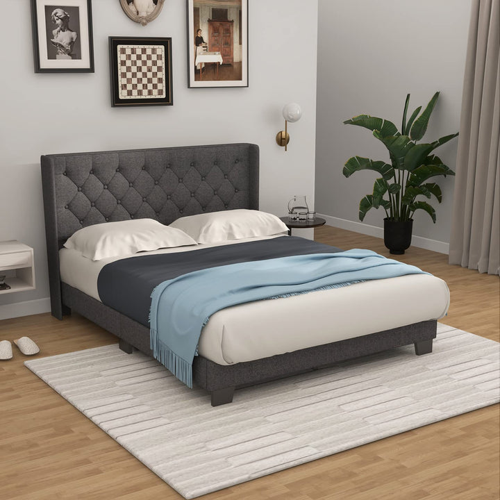 Giantex Bed Frame with Button Tufted Headboard, Modern Fabric Upholstered Platform Bed with Wingback Design, Grey