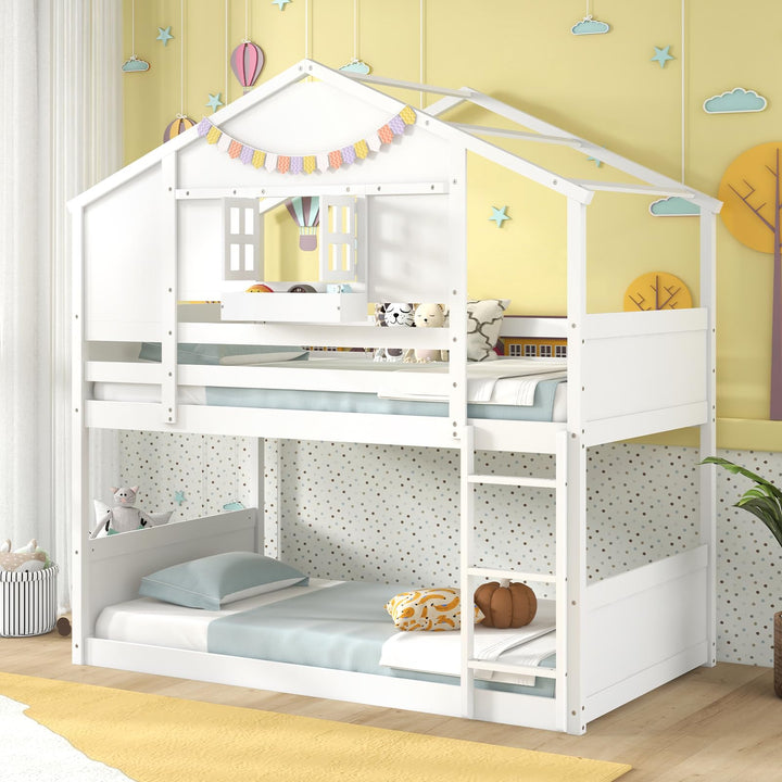 Giantex Bunk Bed Twin Over Twin, Wood House Bed for Kids with Roof, Window Door, White