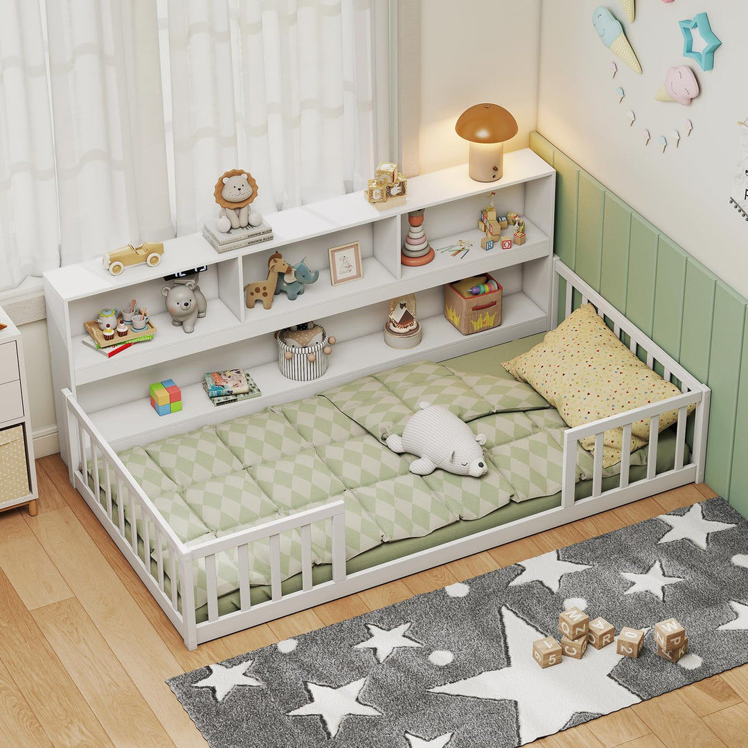 Giantex Wooden Montessori Bed Frame with Bookcase