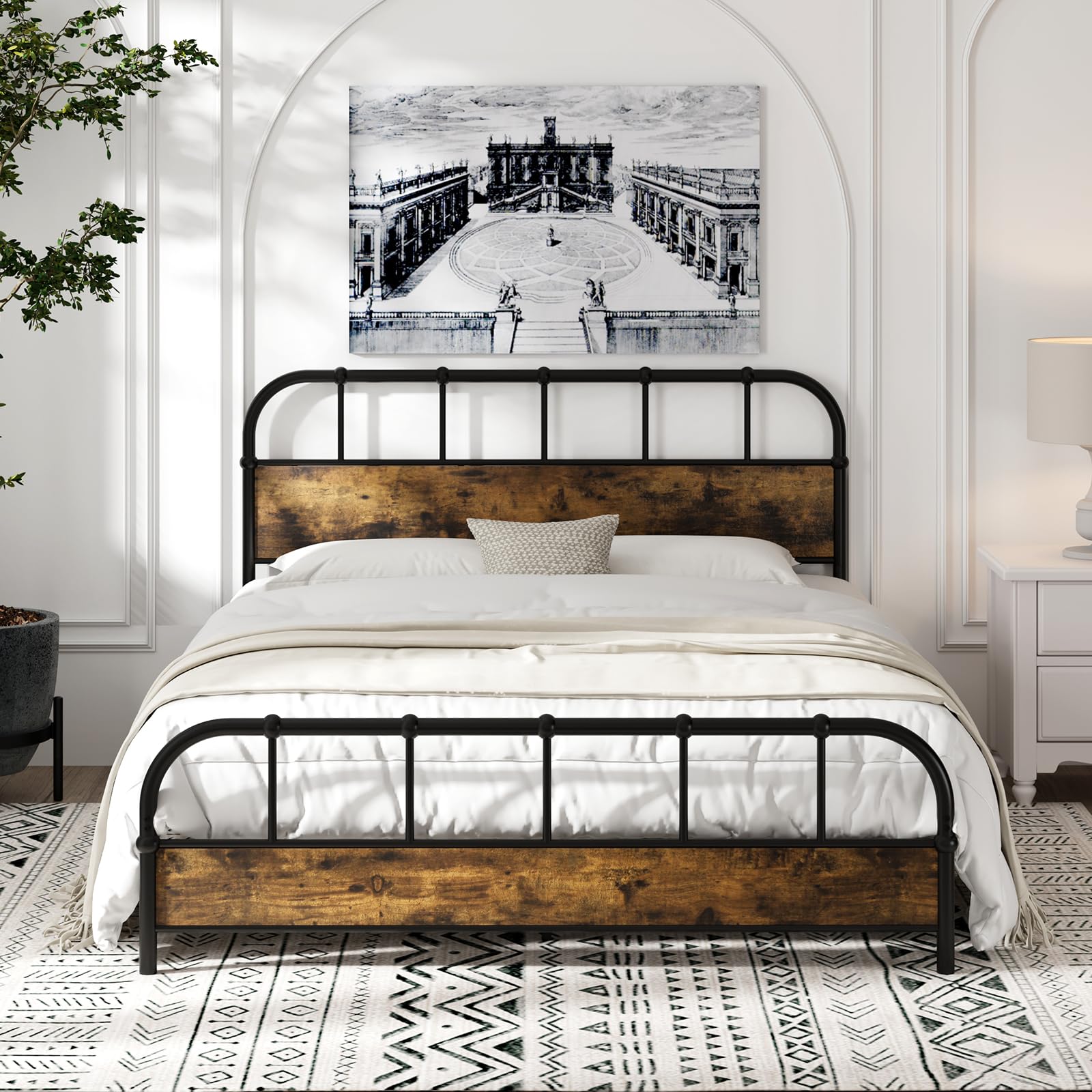 Giantex Queen Size Metal Bed Frame with Wood Headboard, Industrial Platform Bed Frame with Heavy Duty Metal Slat