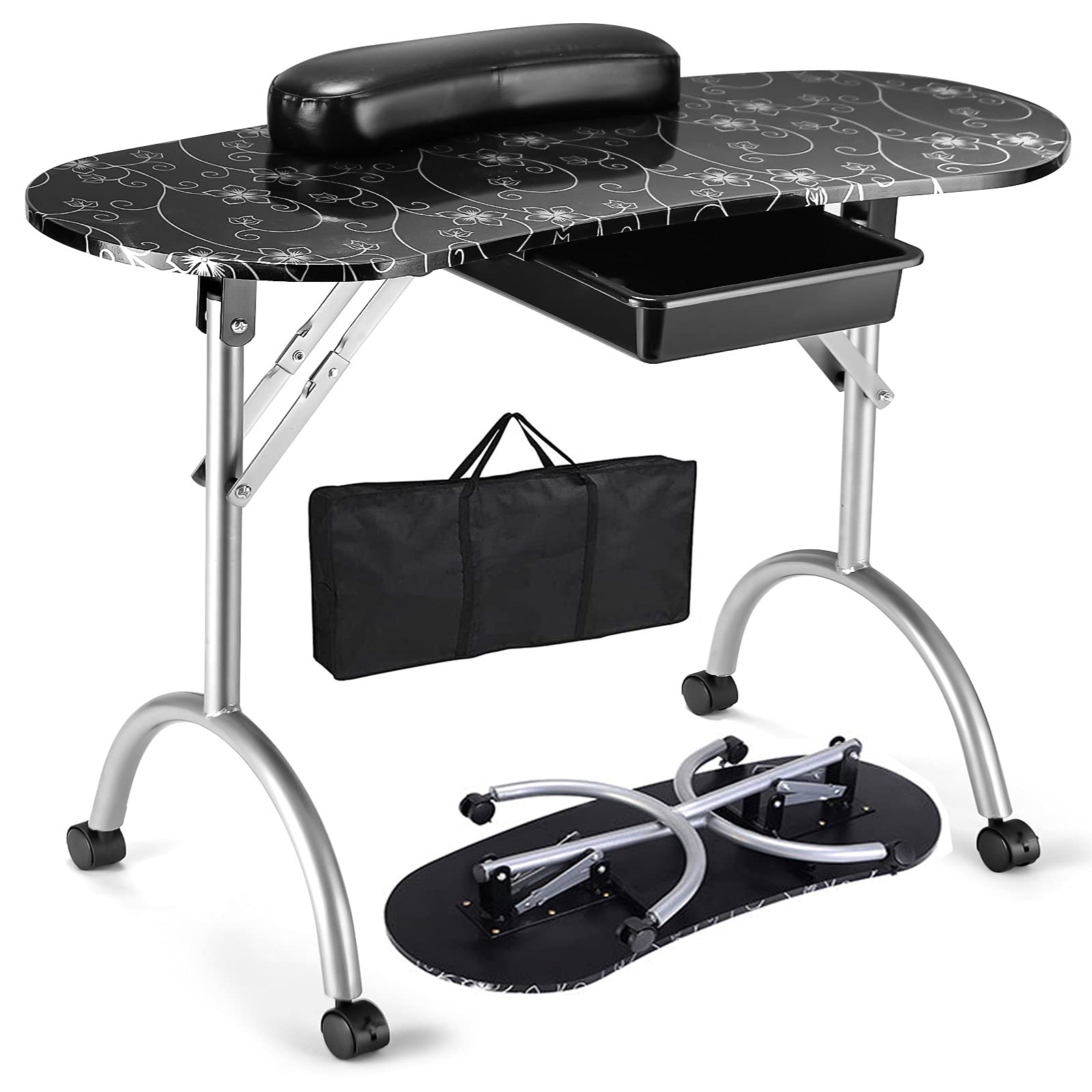 Foldable Nail Table Workstation with Lockable Wheels