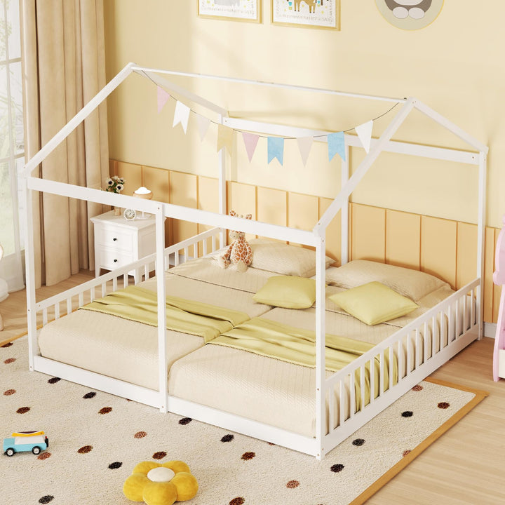 Giantex Double Twin Floor Beds for 2 Kids, Wood Twin Size House Beds with Safety Guardrails, White