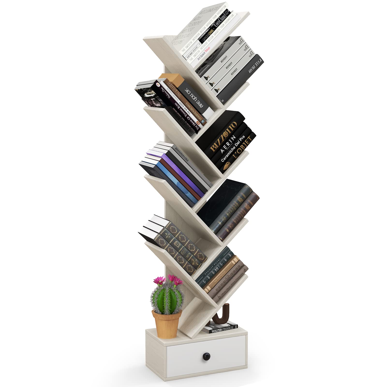 10-Tier Tree Bookshelf with Drawer, Beige - Giantex