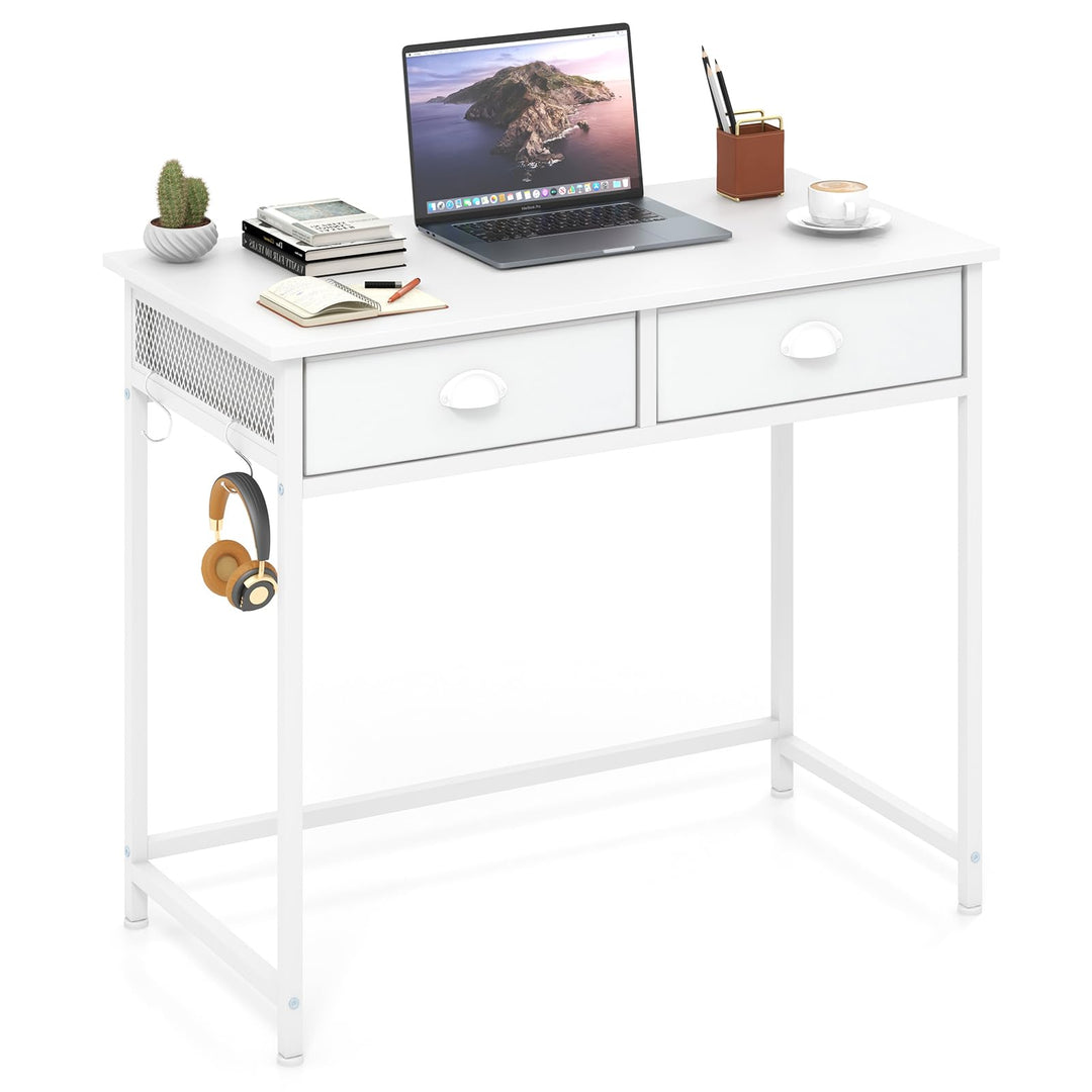 Giantex Small Computer Desk with Fabric Drawers, 36 Inch Home Office Desk with 4 Hanging Hooks & Metal Frame