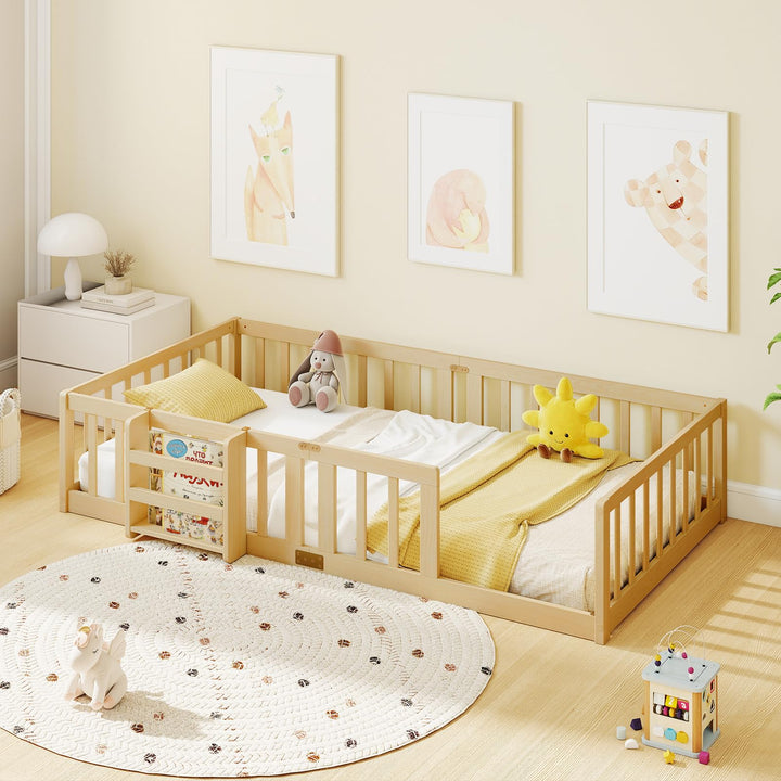 GIANTEX Twin Solid Wood Floor Bed for Kids | Montessori Bed with Bedside Bookshelf